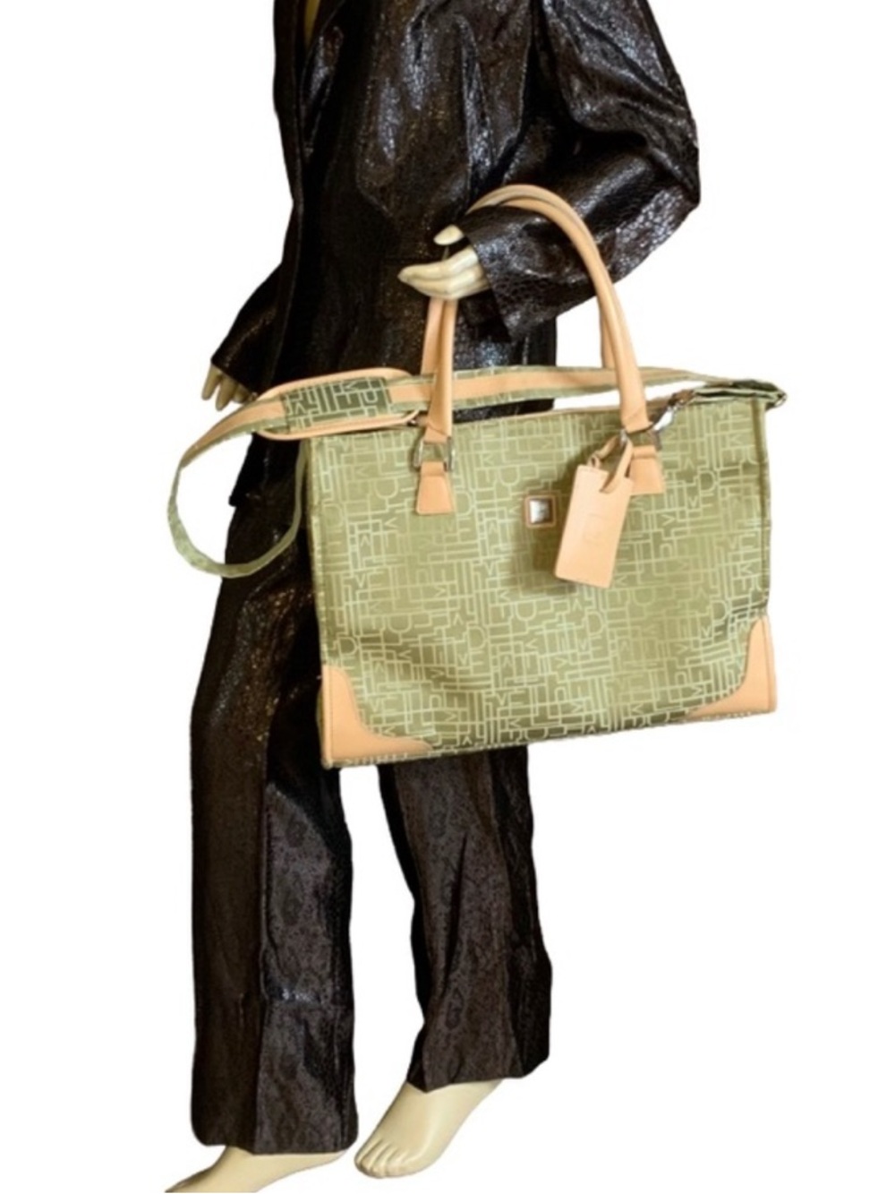 DIANE VON FURSTENBERG GREEN CANVAS & TAN LEATHER WEEKENDER TRAVEL BAG
